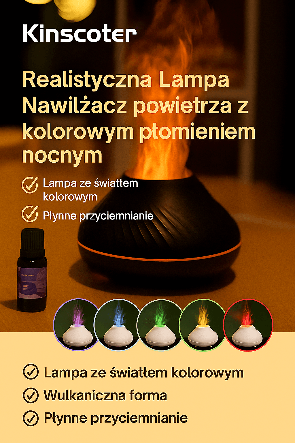 Przenośny nawilżacz powietrza z kolorowym płomieniem nocnym - dyfuzor olejków eterycznych