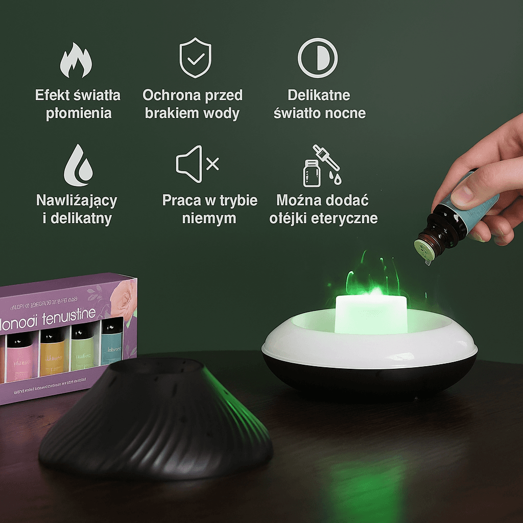 Przenośny nawilżacz powietrza z kolorowym płomieniem nocnym - dyfuzor olejków eterycznych